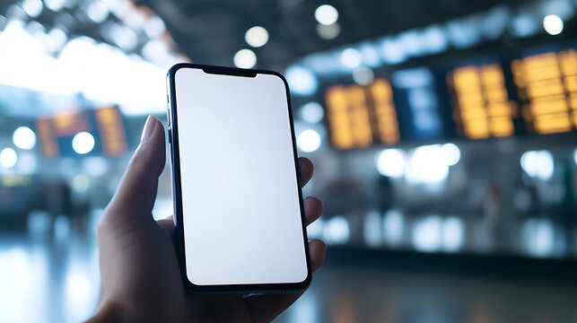 Person holding a blank smartphone screen against the backdrop of an airport departure board, with blurred lights and a sense of travel and connectivity, ideal for tech or travel themes. - Powered by Adobe