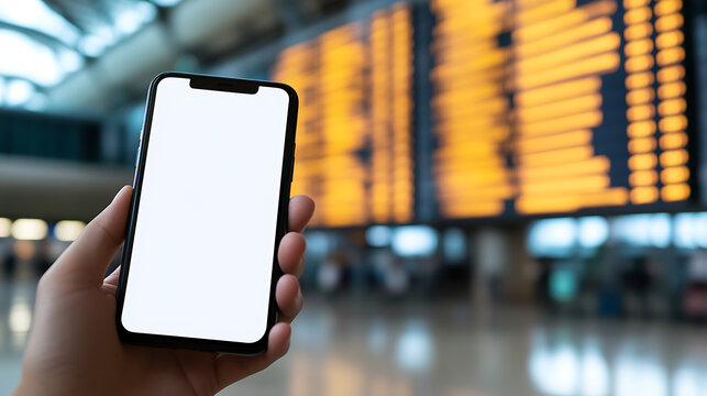 Hand holding a smartphone with a blank screen at the airport. The device is perfect for displaying relevant travel apps, updates or messages to travelers on their journey.