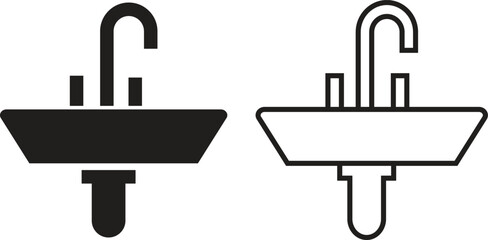 Modern bathroom sink icon set with faucet and water tap. Plumbing and wash basin silhouette in flat and outline styles illustration for home hygiene, cleaning, interior decoration and utility vectors.