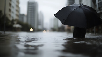 A solitary figure braves a flooded city street, their dark umbrella offering a shield against the unrelenting downpour, buildings blurred in the misty, rain-soaked background.