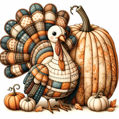 Adorable patchwork turkey with pumpkins in cream, teal, and orange tones, cozy handcrafted textile art concept for Thanksgiving, autumn decor, or seasonal design projects