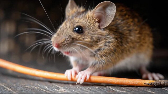 close-up of small mouse gnawing on electrical cable, concept of pest damage and danger