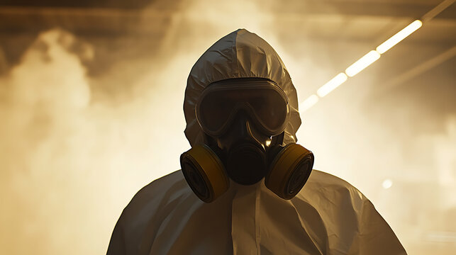 Person in a protective suit and gas mask amidst smoky haze.  Safety measures, environmental concerns, and hazardous situations are portrayed. Industry safety protocol.