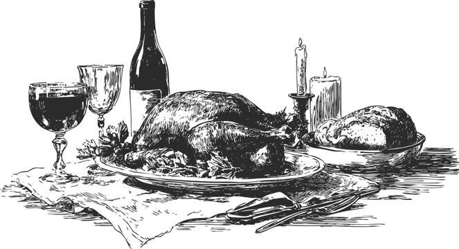 Vintage holiday feast scene. Hand drawn turkey, wine glasses, candles and bread on festive table. Elegant Thanksgiving dinner sketch.