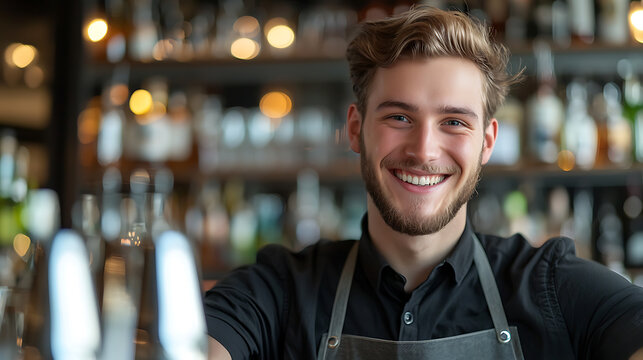 Close-up of a smiling bartender with a beard, wearing an apron. Bottles and lights are visible on the background. The man's expression is welcoming and friendly.