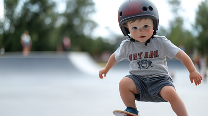 Toddler on a skateboard wearing a helmet at the skatepark! This kid is skateboarding and learning the ropes! A happy child enjoying an outdoor sport. Adorable and cute!