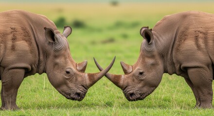 Obraz premium Two white rhinos interact head-to-head In National Park