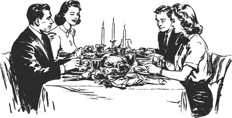Vintage festive dinner illustration of friends celebrating holiday feast. Retro sketchy elegant adults enjoying meal around candlelit table.