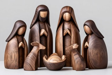 Hand carved minimalist wooden nativity scene representing christian christmas