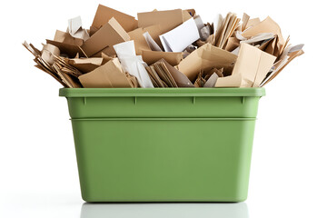 An olive green container is overflowing with recyclable paper waste, including cardboard, envelopes, and office paper, set against a crisp white background. Recycle today!