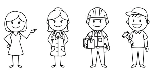 Diverse Stick Figure Professions Woman Pointing Caring Doctor Construction Worker Handy Man Line Art Icons for Business