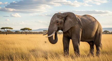 Fototapeta premium Wild elephant walk through the savanna of Tarangire National Park 