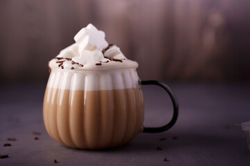 warm, cozy mug of creamy hot chocolate topped with fluffy marshmallows and chocolate sprinkles, set...