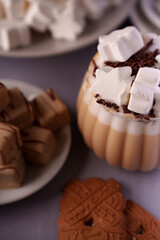 cozy autumn hot chocolate with marshmallows and chocolate sprinkles, accompanied by a plate of assorted fudge and biscuits on soft purple background, taste, intimate, indoor, mixture, texture