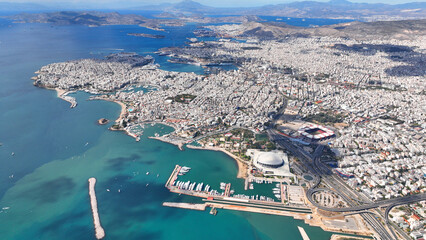 Obraz premium Aerial drone photo of famous port of Piraeus, Marina Zeas, Tourkolimano and area of Phaliron as seen from high altitude, Attica, Greece
