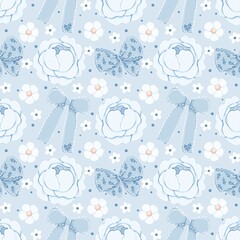 Soft Blue White Floral Seamless Pattern - Delicate Flowers Bows Digital Paper Background Vintage Botanical Design