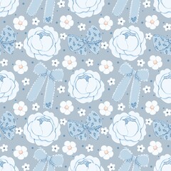 Cute Blue and White Floral Vintage Seamless Pattern. Shabby Chic Blue Floral and Ribbon Pattern.Blue Flowers pattern