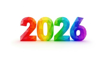 Vibrant 2026: Low Poly Rainbow Numbers on White Background, New Year Design