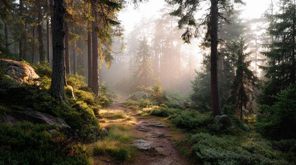 Obraz premium Misty forest path at dawn reveals nature's calm beauty