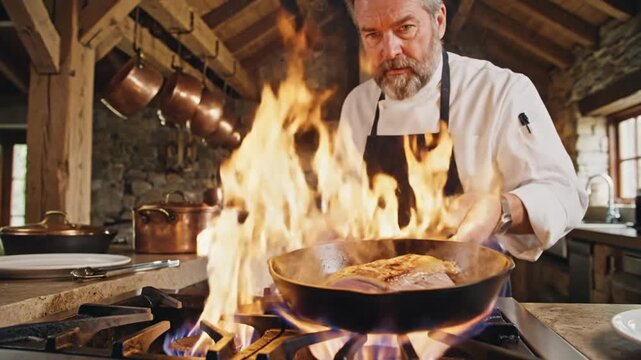 Chef cooking meat on a burning pan in a rustic kitchen setting with various copper cookware visible