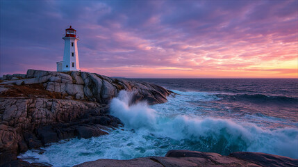 Obraz premium Bright lighthouse stands proudly against waves at sunset
