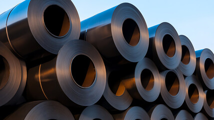 Stacked shiny metal coils under a clear sky, showing precise manufacturing. Perfect for backgrounds, industrial themed content, and showcasing precision.