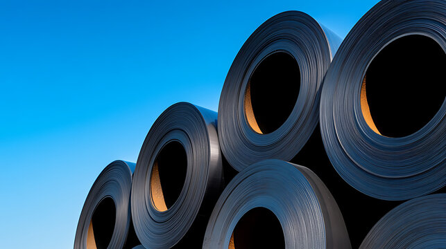 A stack of metal coils gleam under a clear blue sky, showcasing industrial strength and precision manufacturing. The coils display a smooth, reflective surface.