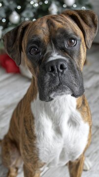 Brindle boxer dog with soulful eyes, epitome of winter warmth, perfect for National Pet Day and Pawtnership celebrations