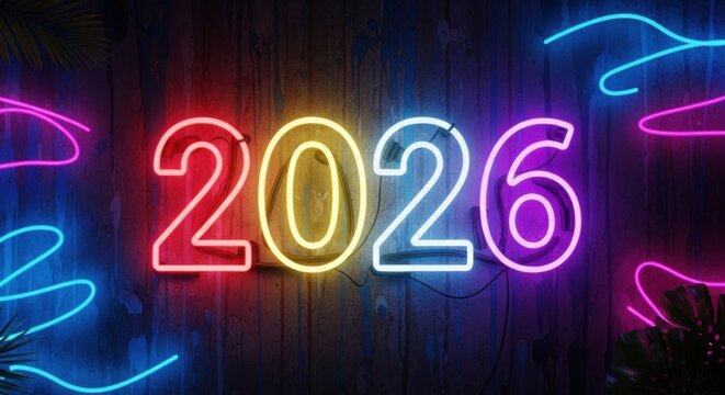 Vibrant 2026 Neon Sign Against Rustic Wall, Tropical Accents