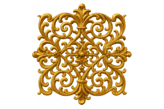 Golden ornate filigree scrollwork carving, vintage decorative floral ornament design, luxurious antique element, transparent background