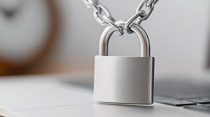 Fototapeta premium A silver padlock and chain rest on a laptop, symbolizing security. The minimalist shot emphasizes data protection in digital environments. Focus on privacy.