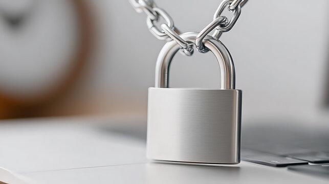 A silver padlock and chain rest on a laptop, symbolizing security. The minimalist shot emphasizes data protection in digital environments. Focus on privacy.