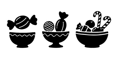 Three bowls filled with various candies in a black silhouette graphic style on a plain white background, representing sweet treats and desserts