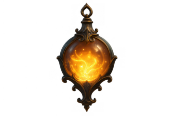 Ornate glowing magic amulet generating golden energy light in an enchanted fantasy artifact