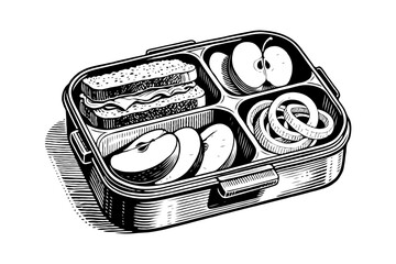 Lunchbox with sandwich, apple slices and onion rings in retro woodcut style on white background. Concept of classic packed meal or lunch