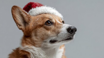 Festively whimsical corgi in a snow-dusted Santa hat, capturing canine yuletide charm, playful nod to Welsh holiday traditions