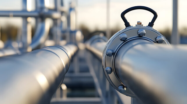 A close-up shot shows parallel metal pipes, possibly part of a larger industrial system, with a focus on the flange and handle on the foreground pipe, bathed in sunlight.