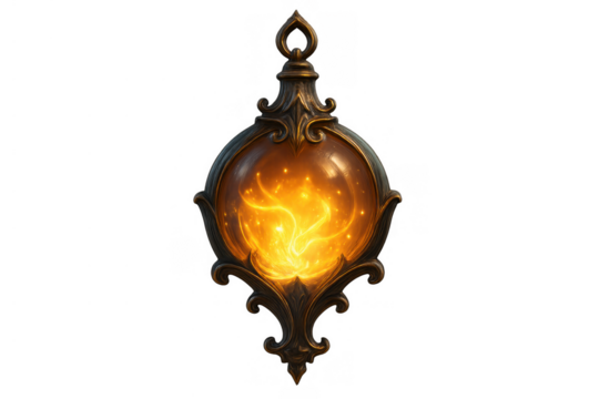 Ornate glowing magic amulet generating golden energy light in an enchanted fantasy artifact