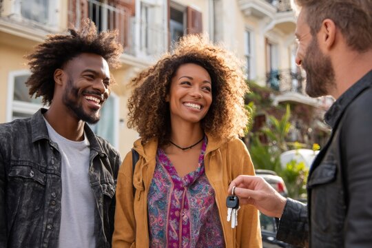 Real estate agent handing keys to a happy couple - Powered by Adobe