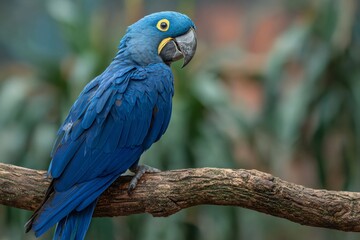 Hyacinth macaw perching on branch in habitat