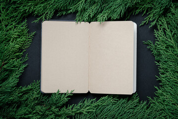 Open blank craft paper notebook framed by dense green cypress branches on dark back