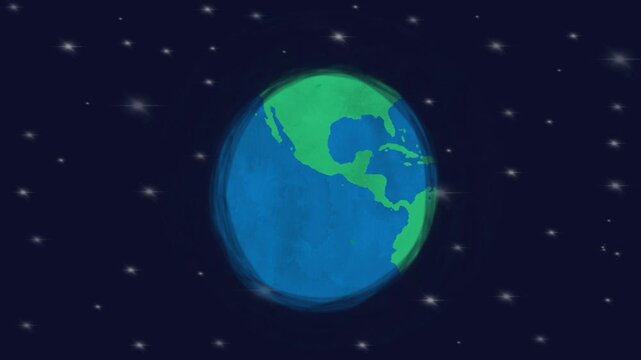 Globe with America and a watercolor texture disappearing into a bubble toward the center, on a starry background