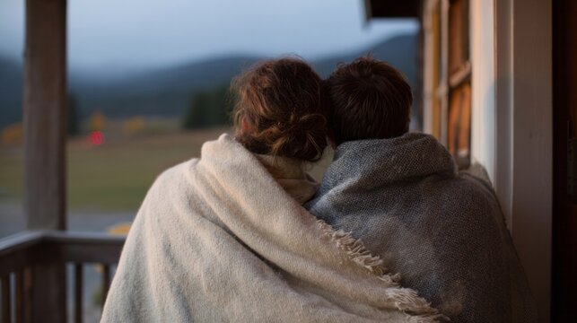 A cozy embrace of a Caucasian couple wrapped in blankets, whispers of autumn equinox, hygge warmth on rustic balcony