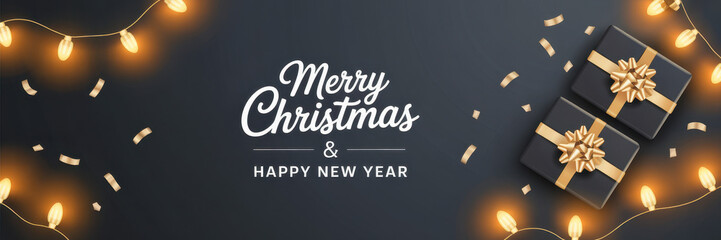 Elegant Merry Christmas and Happy New Year banner featuring gift boxes string lights and confetti on a dark background