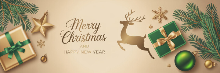 Elegant Christmas background with gifts reindeer and ornaments festive design for holiday greetings and promotions