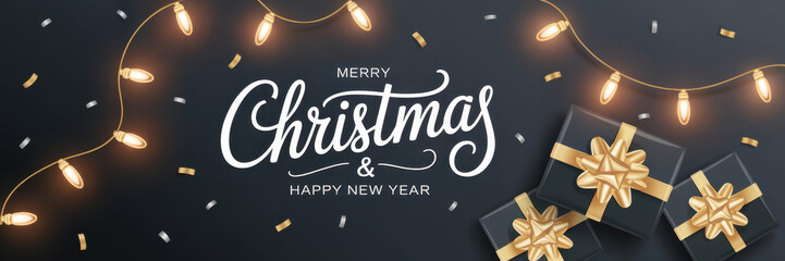 Elegant Merry Christmas and Happy New Year banner featuring gift boxes and string lights perfect for holiday greetings