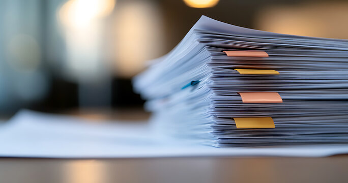 Close-up of a stacked pile of papers with colorful tab markers, showcasing organization and workload. The documents are neatly stacked, with blurred background, suggesting efficiency.