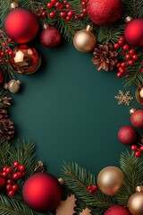 Beautiful red and gold Christmas wreath frame with festive decorations on a dark green background