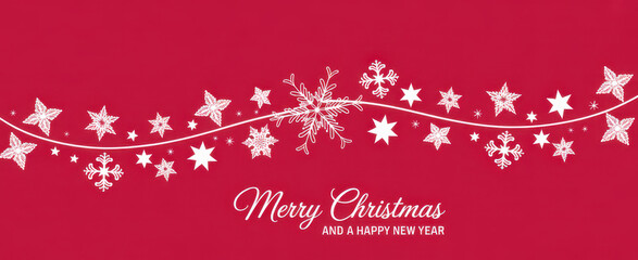 Elegant Christmas banner with white snowflakes and stars festive vector design for holiday greetings and invitations on red backg