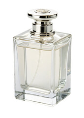 Glass bottle of cologne with a chrome lid, isolated cutout transparent background